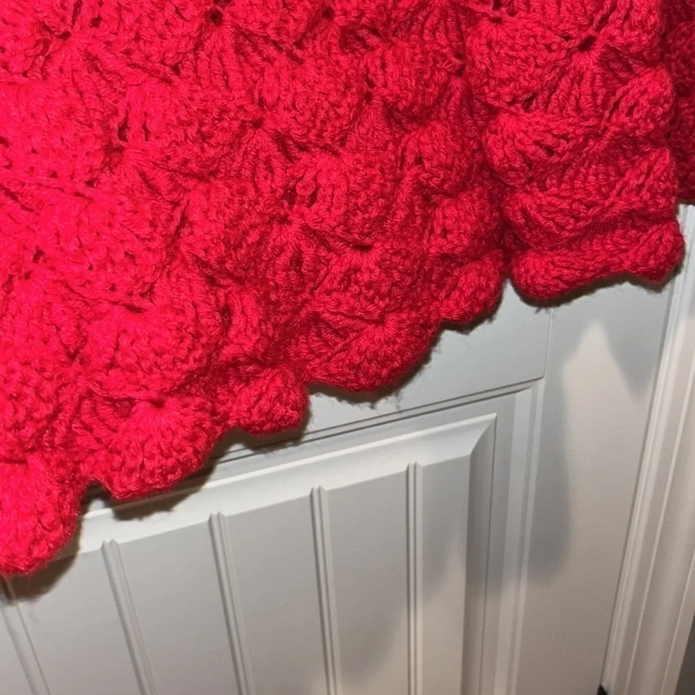 Red chunky crochet handknit open cape poncho boho hippie one size fits most